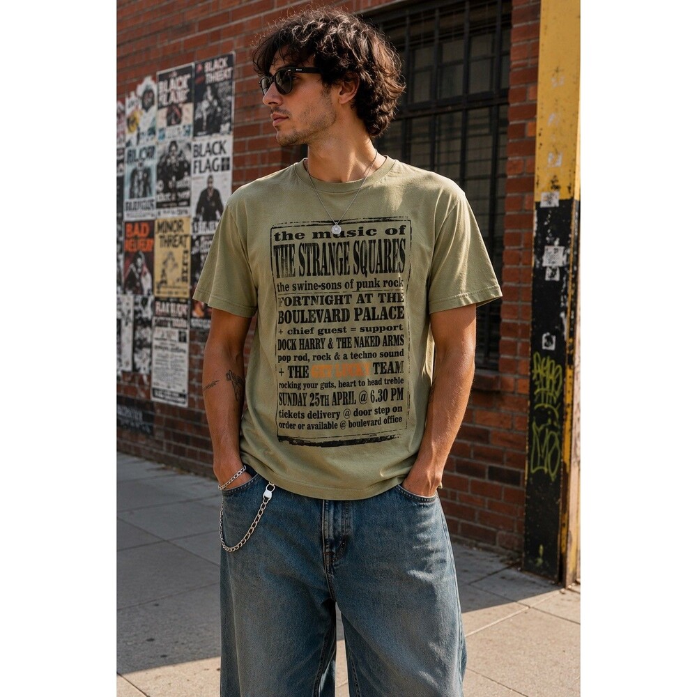 Get Lucky Graphic T Shirt Mens M Punk Concert Poster Olive Cotton India Tee